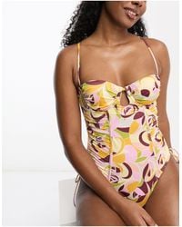 River Island - Printed Ruched Balconette Swimsuit - Lyst
