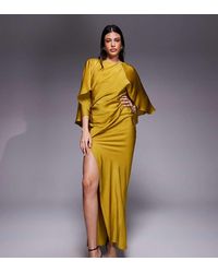 ASOS - Asos Design Tall Satin Ruffle Cape Sleeve Maxi Dress With Open Back Detail And High Split - Lyst