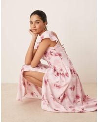 Abercrombie & Fitch - Maxi Avondjurk Met Fladdermouwen En Verlaagde Taille - Lyst