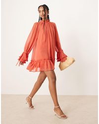 ASOS - Smock Mini Dress With Tiered Ruffle Cuffs & Satin Bows - Lyst