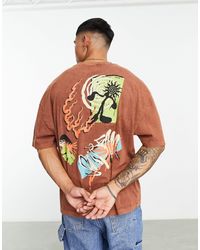 ASOS - Camiseta marrón lavado extragrande con estampado abstracto en la espalda - Lyst