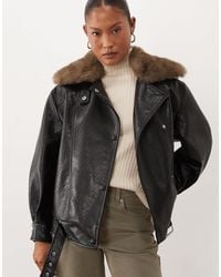 ASOS - Asos Design Petite Leather Look Moto Jacket With Tan Faux Fur Collar - Lyst