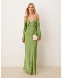 ASOS - Satin Long Sleeve Fallen Shoulder Cami Midi Dress - Lyst