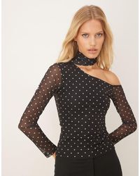 ASOS - Asymmetrische Top Van Mesh Met Stippen, Lange Mouwen En Sjaaldetail - Lyst