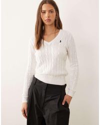 Polo Ralph Lauren - Kimberly Icon Logo Cotton Cable Knit V-neck Jumper - Lyst