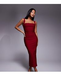 Vesper Petite - Vestido Semilargo Rojo Vino Con Escote Cuadrado Y Espalda Ancha De Bengalina De - Lyst