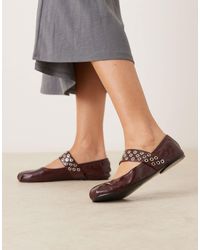Mango - Chaussures plates en cuir avec bride à œillets - cerise - Lyst