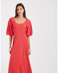 Vero Moda - Pleated Seam Detail Puff Sleeve Midi Dress - Lyst