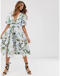 asos design crop top midi prom dress with twist detail