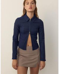 Stradivarius - Aansluitend Overhemd Van Bengaline Denim Met Dubbele Rits - Lyst