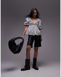 TOPSHOP - Top A Rayas Monocromáticas Con Mangas Abullonadas De Popelina De -Negro - Lyst