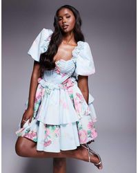 ASOS - Vestido Corto Con Estampado Floral Y Escote Corazón De Mezcla De Organza Y Popelina De - Lyst