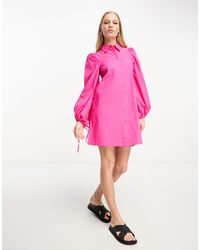 Monki - Vestito camicia corto con maniche a palloncino rosa - Lyst
