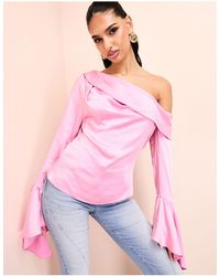 ASOS - Off Shoulder Satin Draped Top With exaggerated Sleeve - Lyst