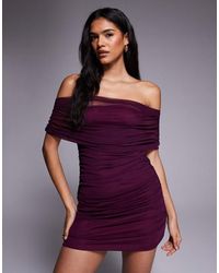 ASOS - Draped Shoulder Mesh Mini Dress With Ruching - Lyst