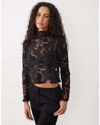 Mango - Lace High Neck Long Sleeve Top - Lyst