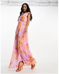 Vero Moda - Vestido largo lila y naranja cruzado con estampado floral - Lyst