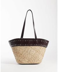Mango - Woven Shoulder Bag With Faux Leather Studded Trim - Lyst