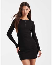 Brave Soul - Geribbelde Mini-Jurk Van Jersey Met Lange Mouwen En Knopen - Lyst