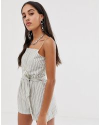 Bershka Tie Waist Playsuit In Stripe Print - White