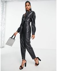 Miss Selfridge - Faux Leather Belted Jumpsuit With Zip Detail - Lyst