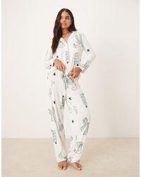 ASOS - Pijama De Pantalones Y Camisa De Manga Larga Con De Bebidas Y Ribetes En Contraste De Tejido Muy Suave De -Blanco - Lyst