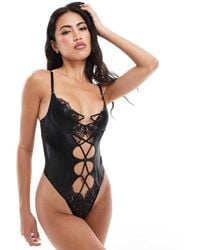 Ann Summers - Liberating Wetlook Pu Non Padded Bodysuit With Contrasting Eyelash Lace - Lyst