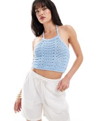 Vero Moda - Top allacciato al collo all'uncinetto azzurro - Lyst