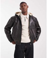 ASOS - Faux Leather Bomber Jacket With Borg Lined Hood - Lyst