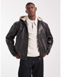 ASOS - Chaqueta Bomber Negra De Cuero Sintético Con Capucha Forrada De Borreguito De - Lyst