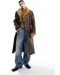 Reclaimed (vintage) - Longline Leather Look Trench Coat With Faux Fur Trims - Lyst