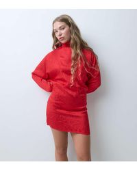 ASOS - Asos Design Petite High Neck Batwing Satin Jacquard Mini Dress - Lyst