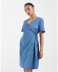 Vero Moda - Short Sleeve Wrap Front Denim Mini Dress - Lyst
