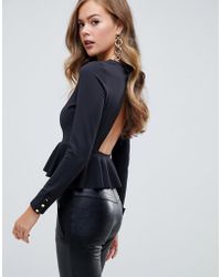 ASOS Top de neopreno de manga larga con sobrefalda y detalle en la espalda con ribete de botones dorados - Negro