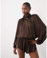 Noughts & Kisses - Satin High Neck Extreme Drape Balloon Sleeve Playsuit - Lyst