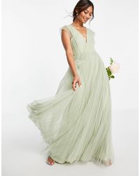 ASOS Tulle Plunge Maxi Dress With Shirred Sleeves - Green