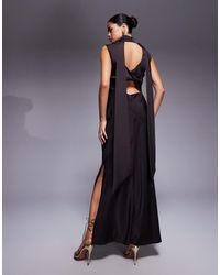 knee length dresses for ladies Rent ASOS DESIGN Satin Midi Dress With Batwing Sleeve And Wrap Waist In  Black main image 1