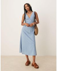 Mango - V-neck Soft Denim A-line Midaxi Dress - Lyst