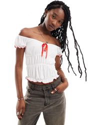 Collusion - Off Shoulder Gathered Top With Bow Detail - Lyst