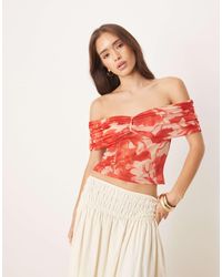 ASOS - Ruched Off Shoulder Bardot Mesh Top - Lyst