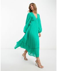 ASOS - Vestido midi verde esmeralda plisado con cuello - Lyst