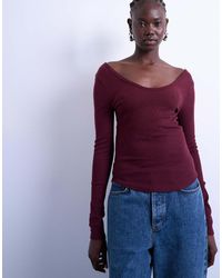 TOPSHOP - Geribbelde Top Met V-Hals, Lange Mouwen En Gebogen Zoom - Lyst