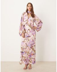 ASOS - High Neck Plunge Maxi Dress With Blouson Sleeves - Lyst