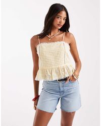 ONLY - Top Corto A Cuadros Vichy Limón De Tirantes Con Bordado Inglés Y Ribete De Encaje De - Lyst