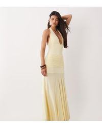 Fashionkilla - Exclusive Double Sculpted Slinky V Neck Halterneck Ruched Front Detail Maxi Dress - Lyst