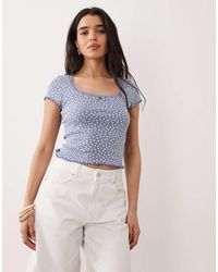 Miss Selfridge - Pointelle Square Neck Lace Trim Tee - Lyst