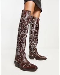 ASOS - Cuba Premium Leather Swirl Stitch Western Knee Boot - Lyst