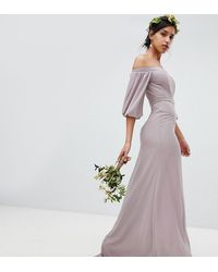 TFNC London Vestito da damigella lungo con scollo alla Bardot, maniche svasate e vita decorata - Grigio