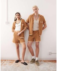 Reclaimed (vintage) - Camicia Squadrata A Maniche Corte Marrone Cioccolato All'Uncinetto - Lyst