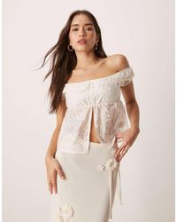 Motel - Shogo Flocked Floral Off Shoulder Top - Lyst